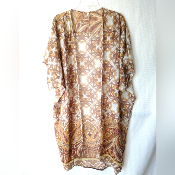 Truth NYC Kimono Duster Open Front Brown Abstract Print Size 1X Chest 56" - Picture 1 of 4